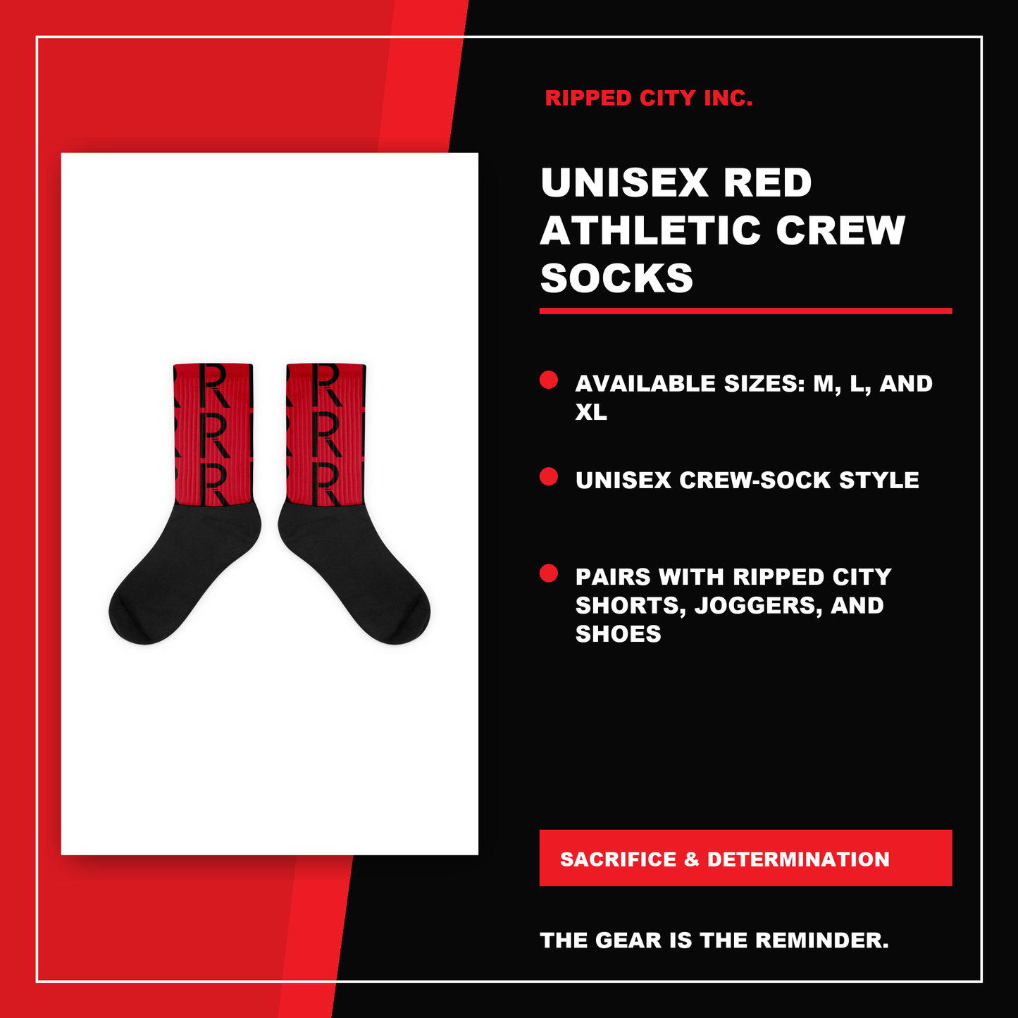 Unisex Red Athletic Crew Socks product details with current Ripped City product image, available options and verified listing information - Ripped City Inc premium gym apparel