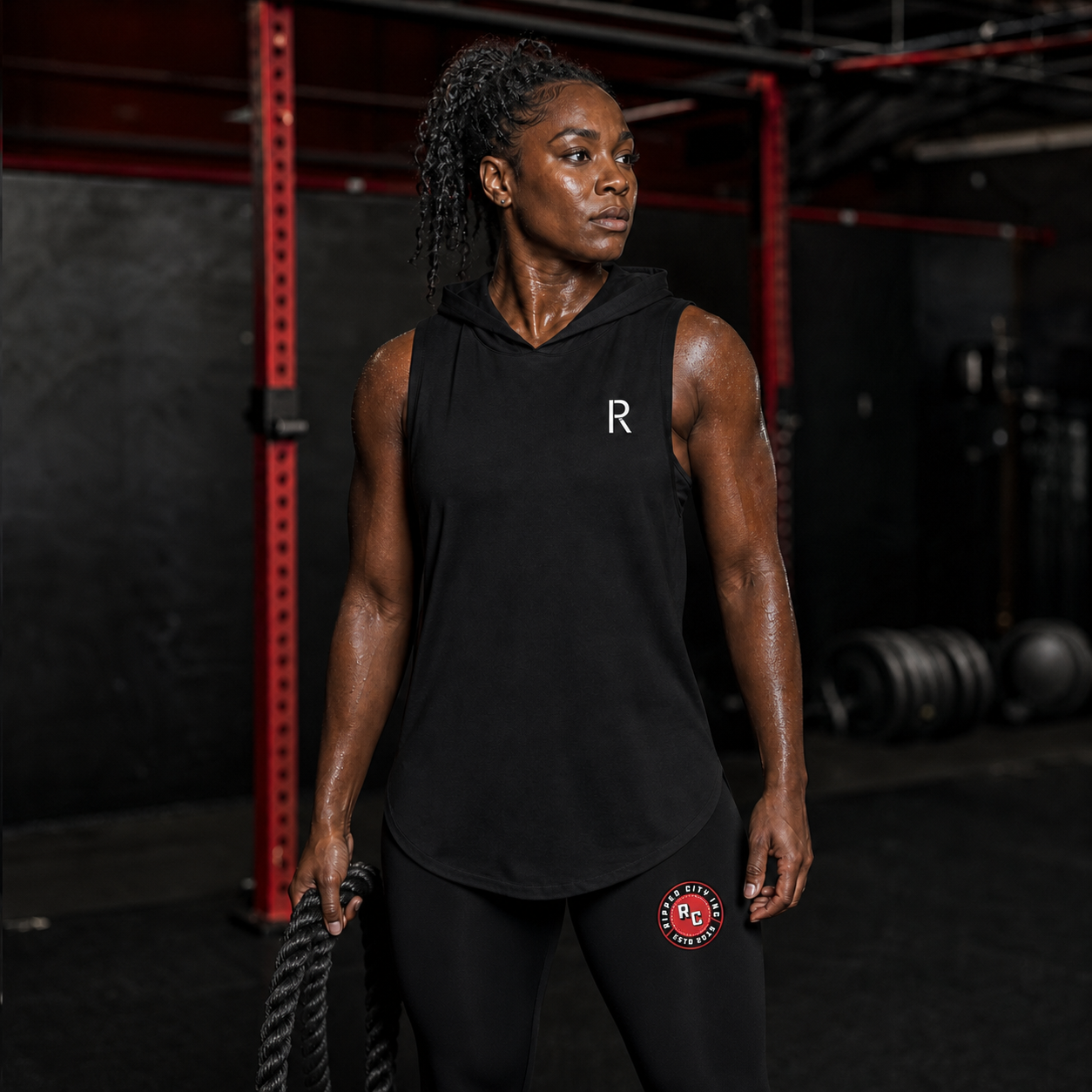 Female strength athlete wearing a coordinated Ripped City hooded tank and performance leggings - Ripped City Inc premium gym apparel