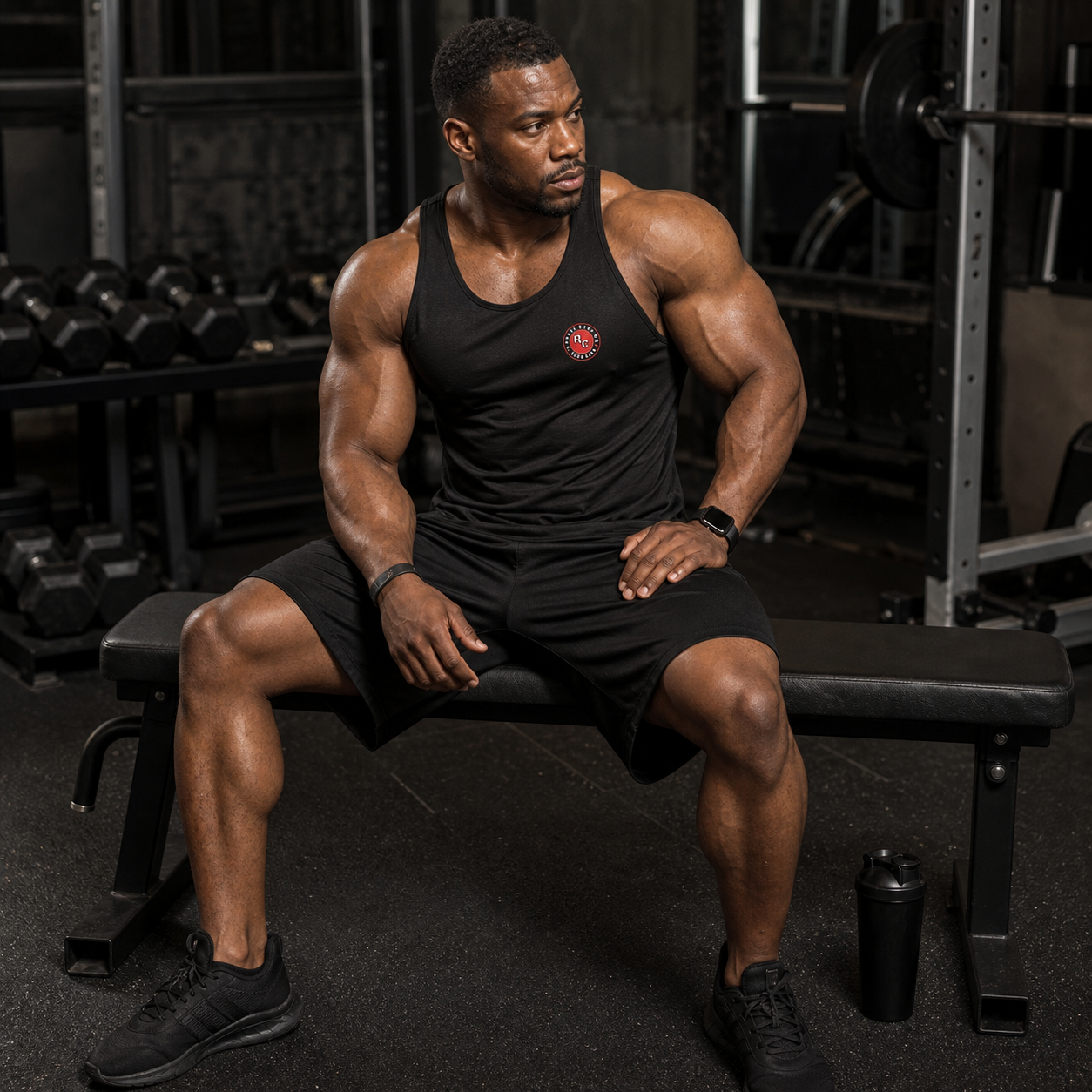 Muscular bodybuilder seated in the exact black unisex mesh training shorts - Ripped City Inc premium gym apparel