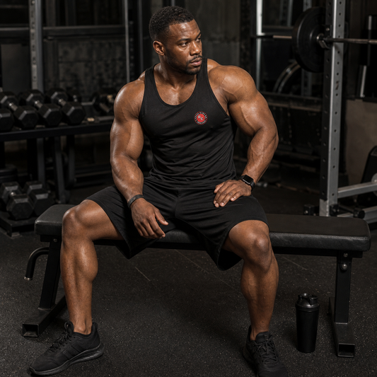Muscular bodybuilder seated in the exact black unisex mesh training shorts - Ripped City Inc premium gym apparel