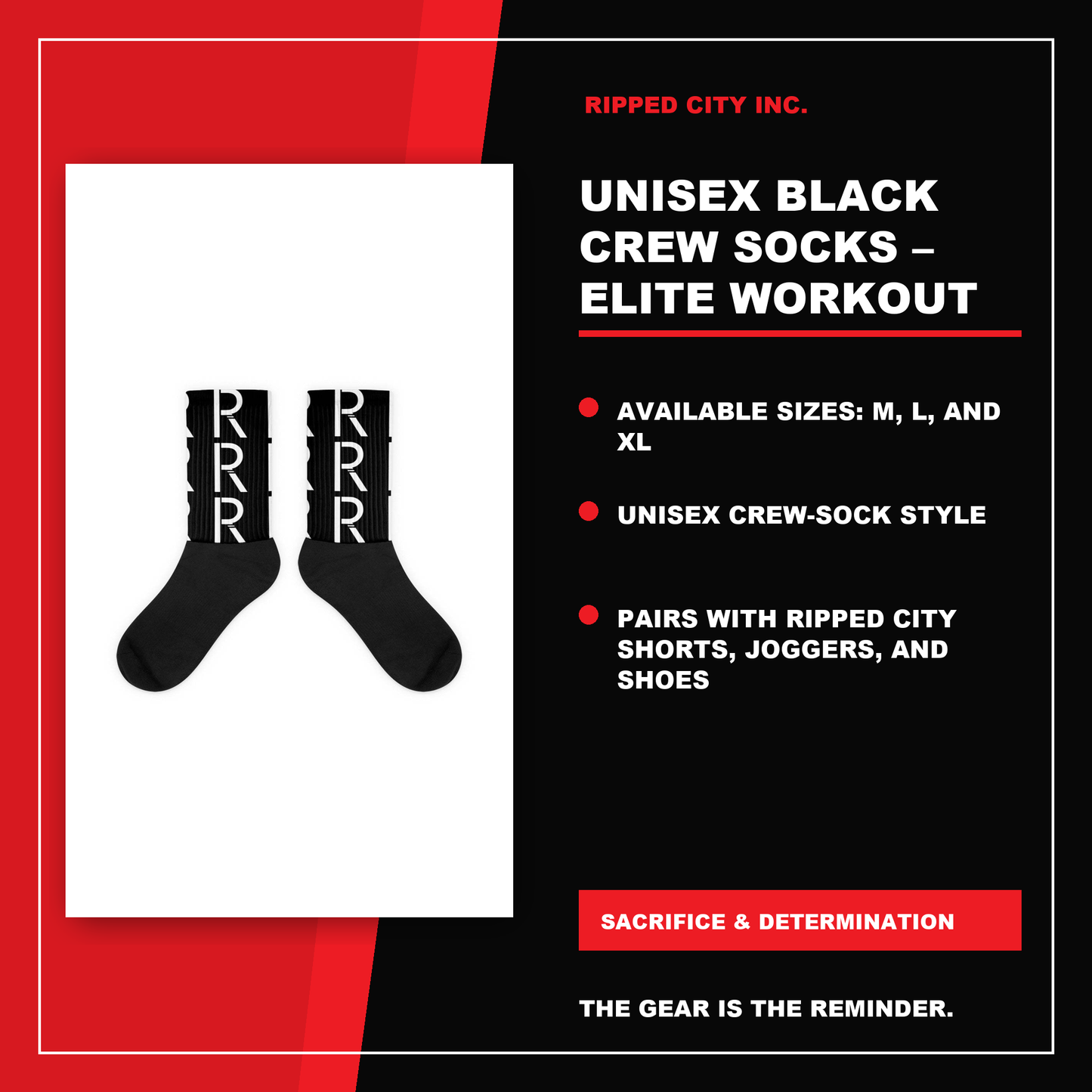 Unisex Black Crew Socks – Elite Workout Socks product details with current Ripped City product image, available options and verified listing information - Ripped City Inc premium gym apparel