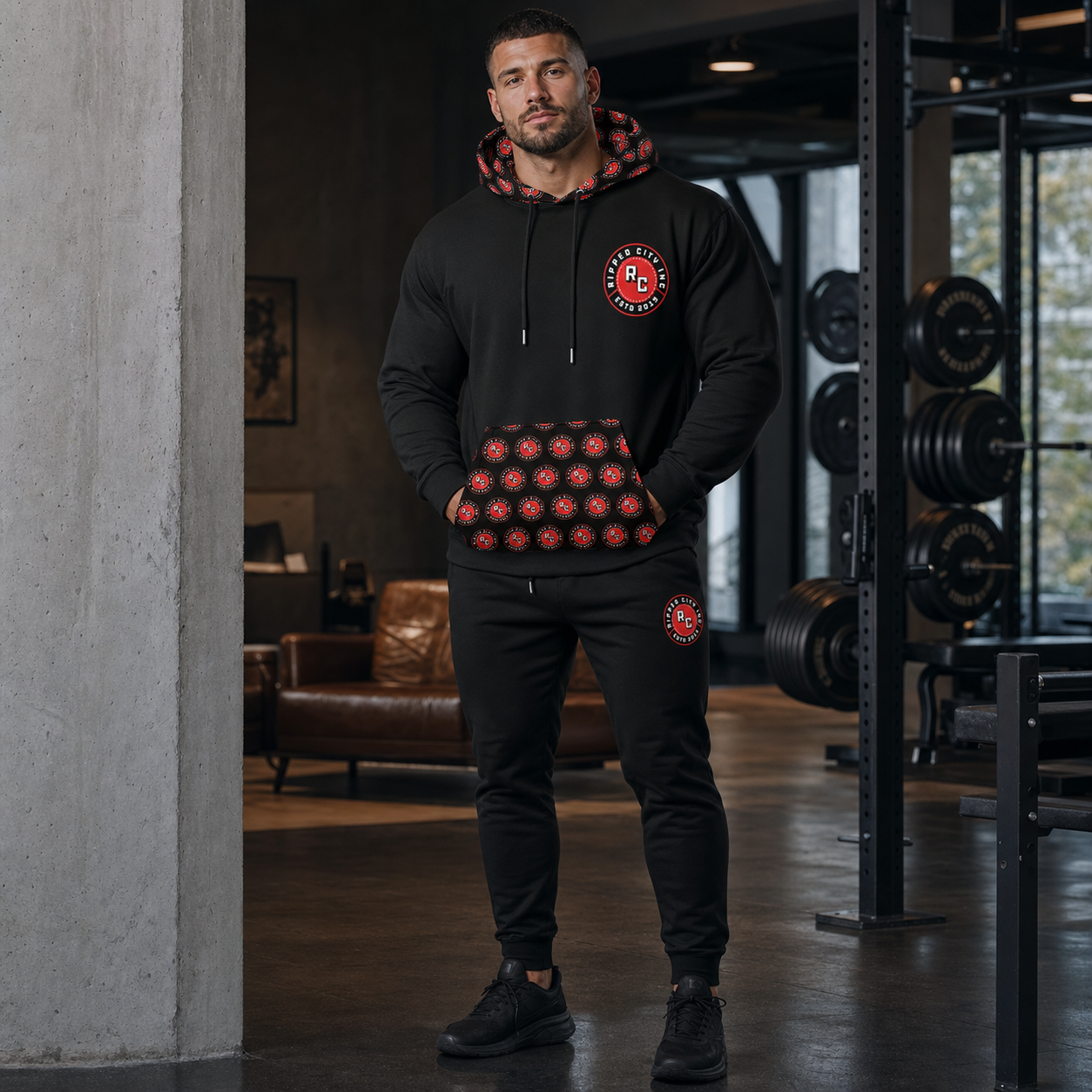 Athletic man wearing the black Ripped City premium hoodie with coordinated RCI joggers - Ripped City Inc premium gym apparel
