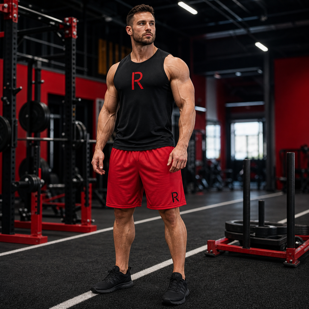 Muscular athlete wearing red Ripped City mesh training shorts with a coordinated black RCI tank - Ripped City Inc premium gym apparel