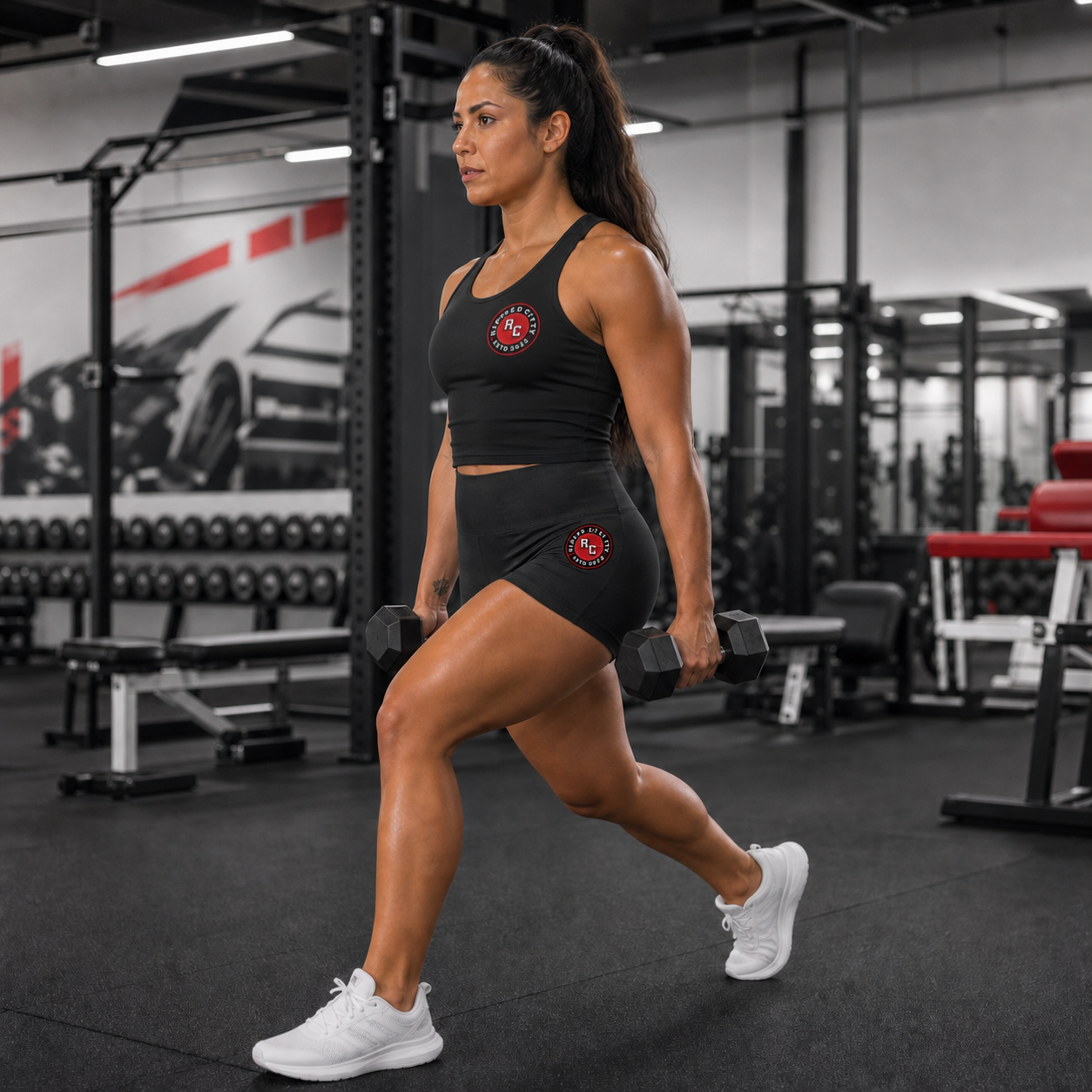 Athletic woman wearing a coordinated Ripped City training outfit with women's fitness shorts - Ripped City Inc premium gym apparel