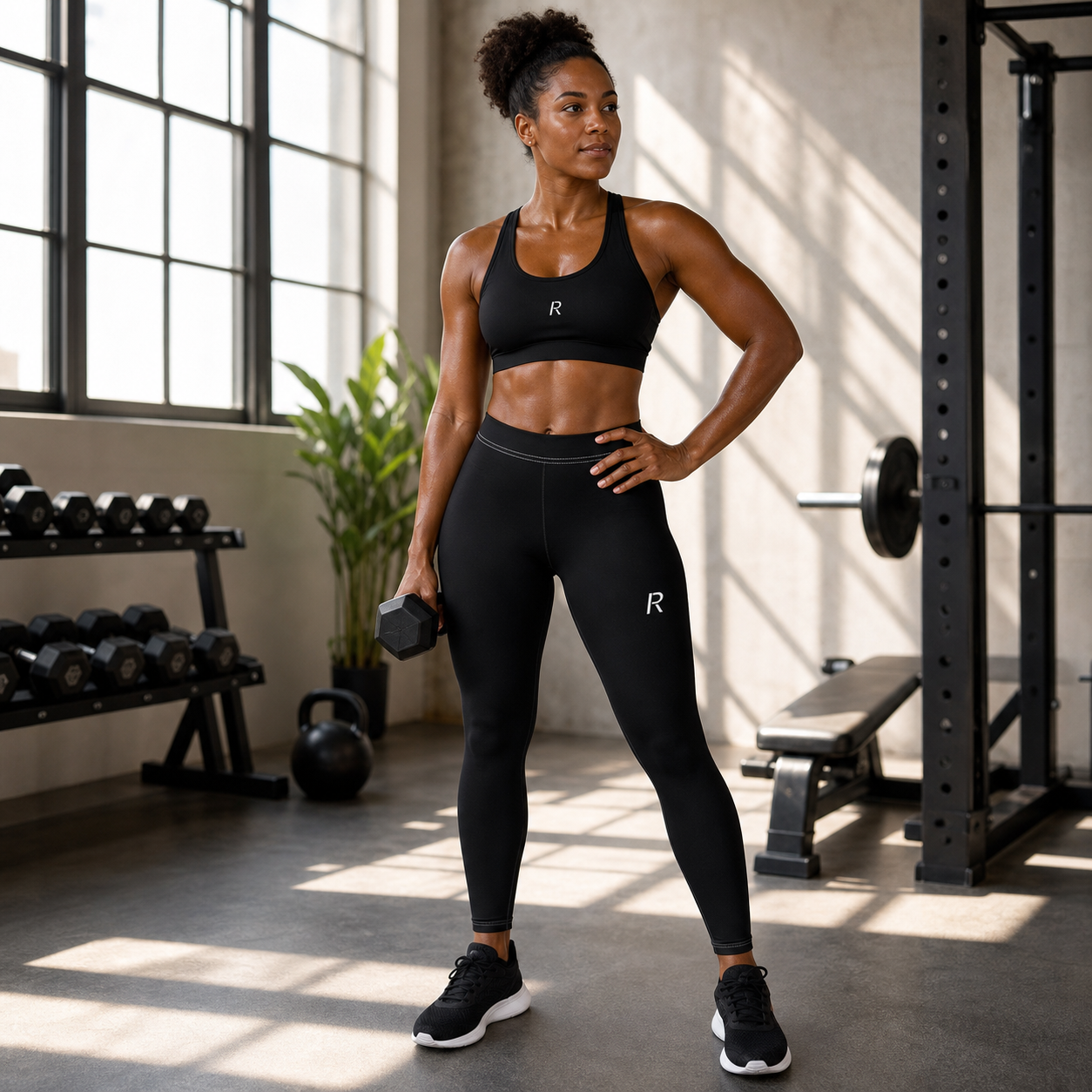 Strong athletic woman wearing black Ripped City performance leggings with a coordinated RCI sports bra - Ripped City Inc premium gym apparel