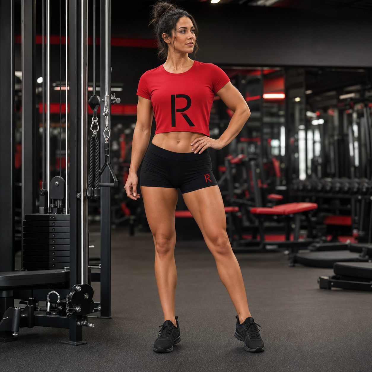 Athletic woman wearing the red Ripped City crop tee with coordinated black RCI training shorts - Ripped City Inc premium gym apparel