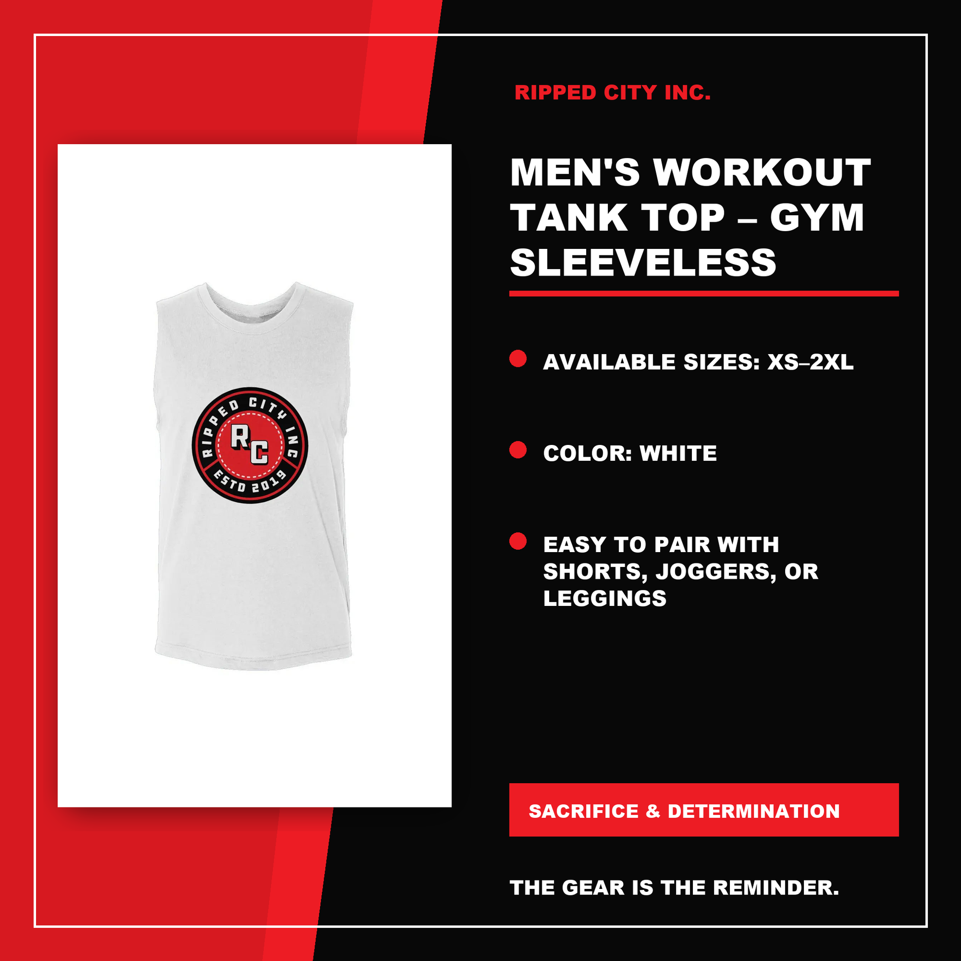 Men's Workout Tank Top – Gym Sleeveless Shirt product details with current Ripped City product image, available options and verified listing information - Ripped City Inc premium gym apparel